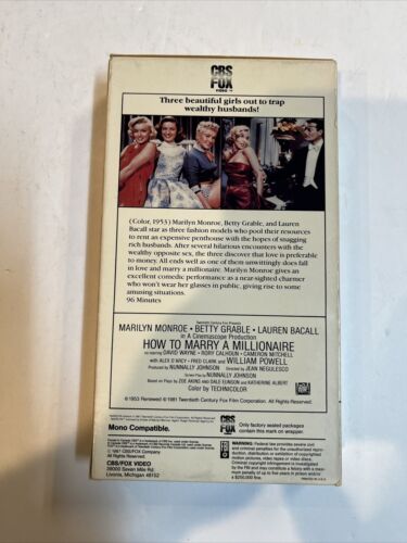 How to Marry a Millionaire (VHS, 1987) Marilyn Monroe & Betty Grabel