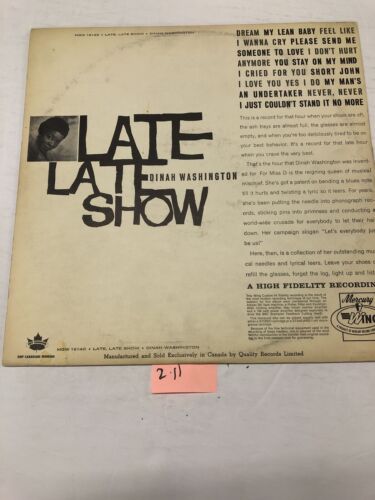 Dinah Washington Late Late Show  Vinyl LP Album