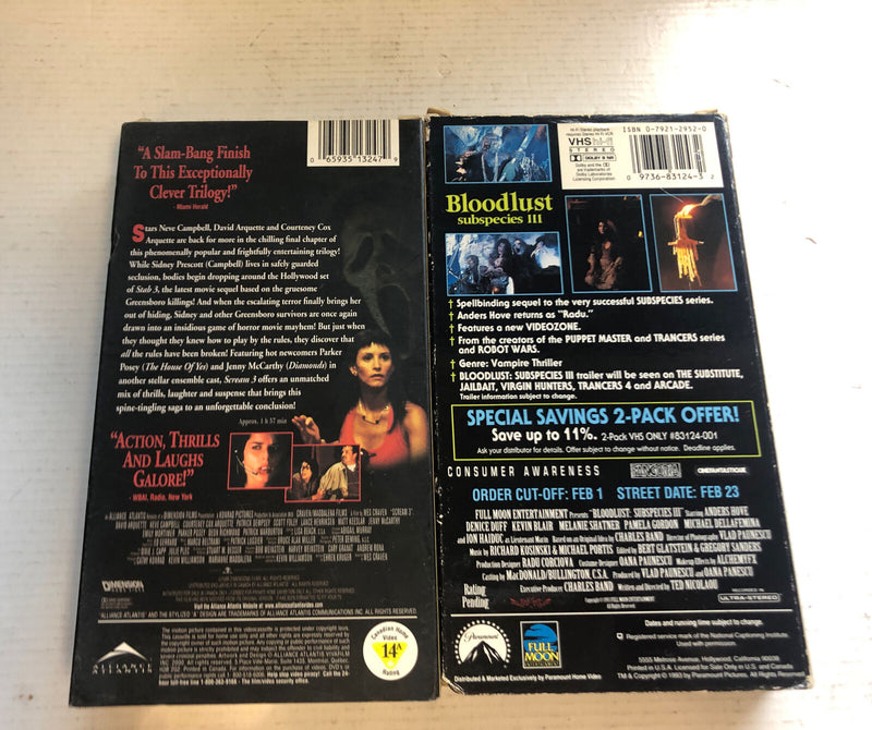 Bloodlust Subspecies 3,Scream 3 Horror VHS Bundle