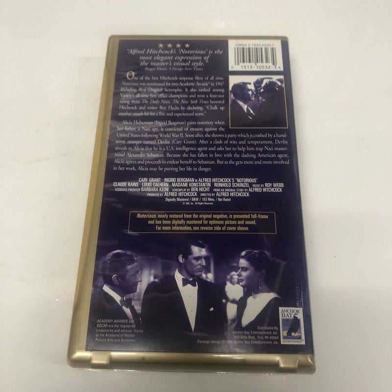 Notorious (1998) VHS • Cary Grand • Ingrid Bergman • Anchor Bay•Alfred Hitchcock