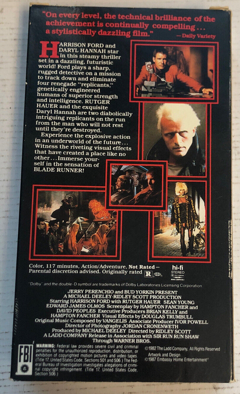 Blade Runner VHS 1987 USA Nelson Entertainment