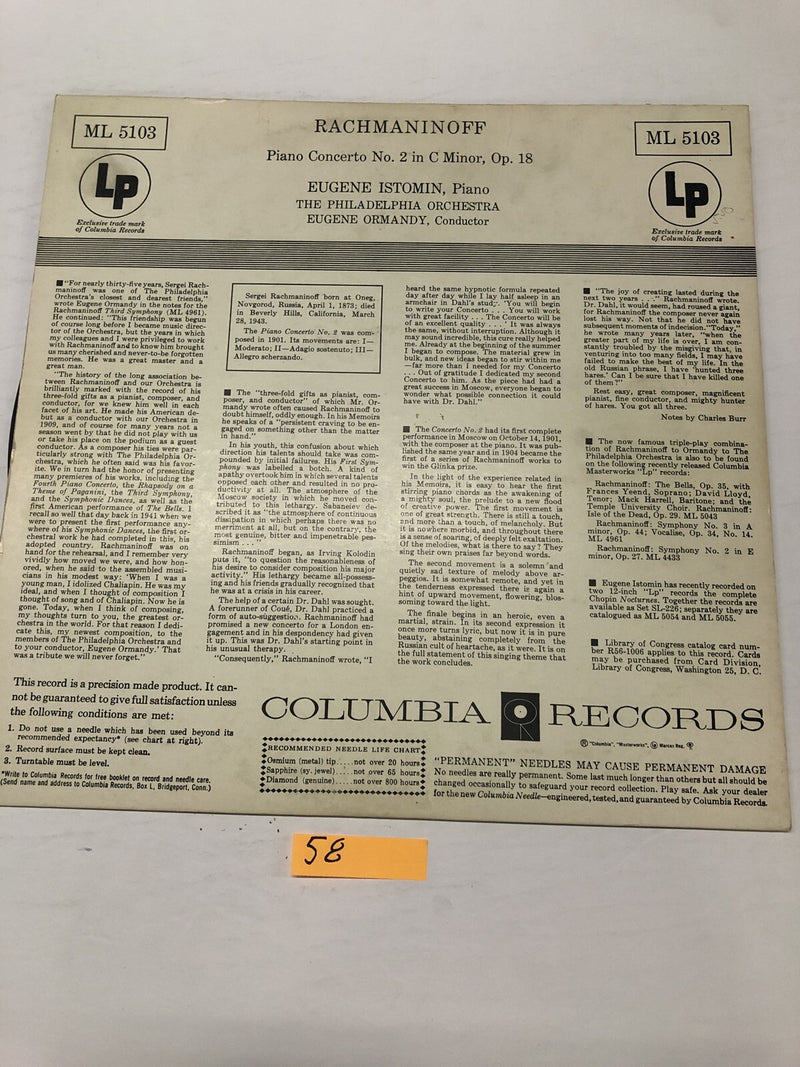 Rochmaninoff Piano Concerto No 2  Philadelphia Orchestra Vinyl LP Album