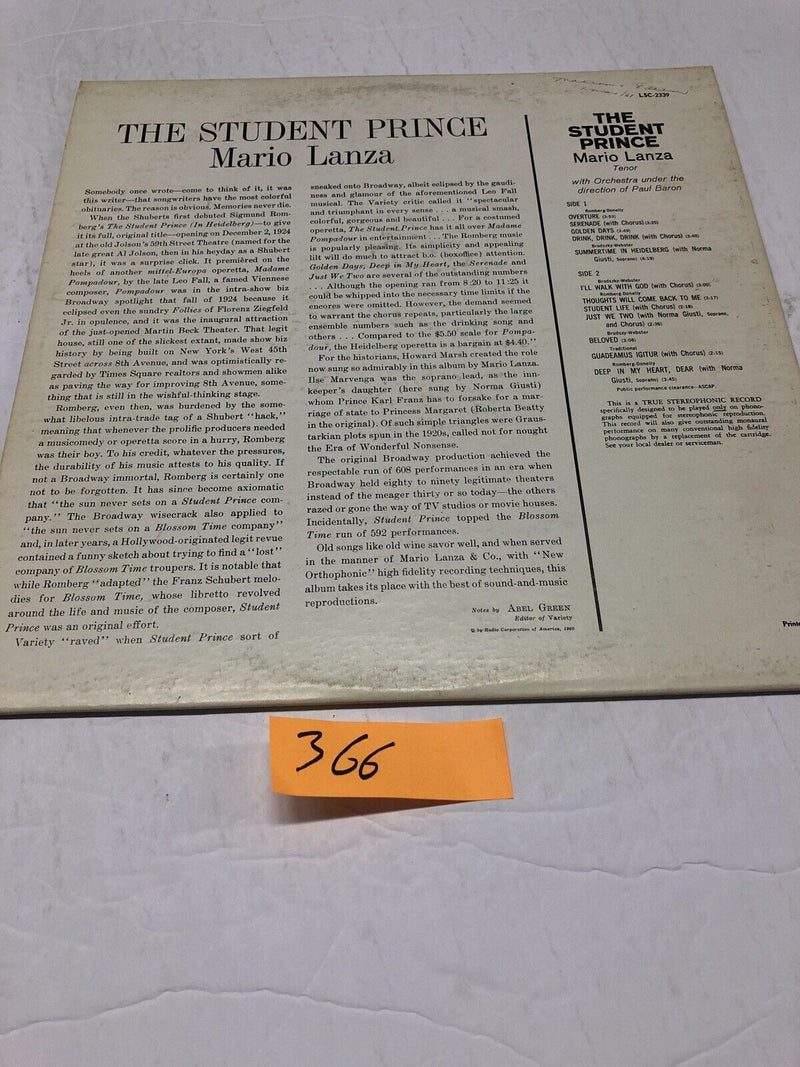 Mario Lanza The Student Prince Vinyl  LP Album