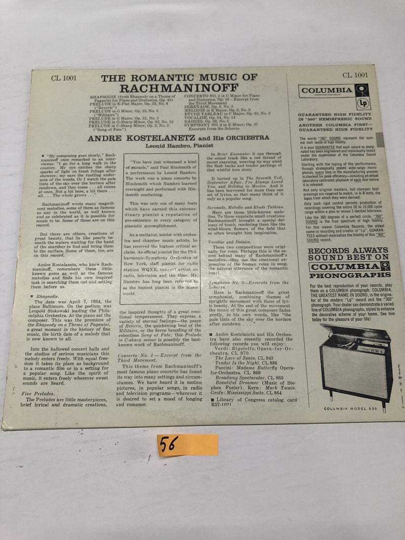 The Romantic Music Of Rochmaninoff By Andre Kostelanetz Vinyl LP Album