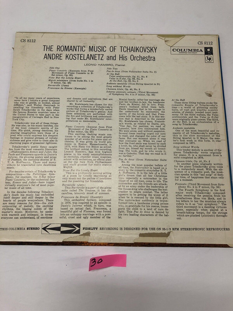 Romantic Music Of Tchaikovsky Conducted By Andre Kostelanetz. Vinyl LP Album