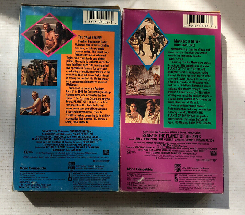 Planet of the Apes & Beneath The Planet Of The Apes (1990) VHS Lot