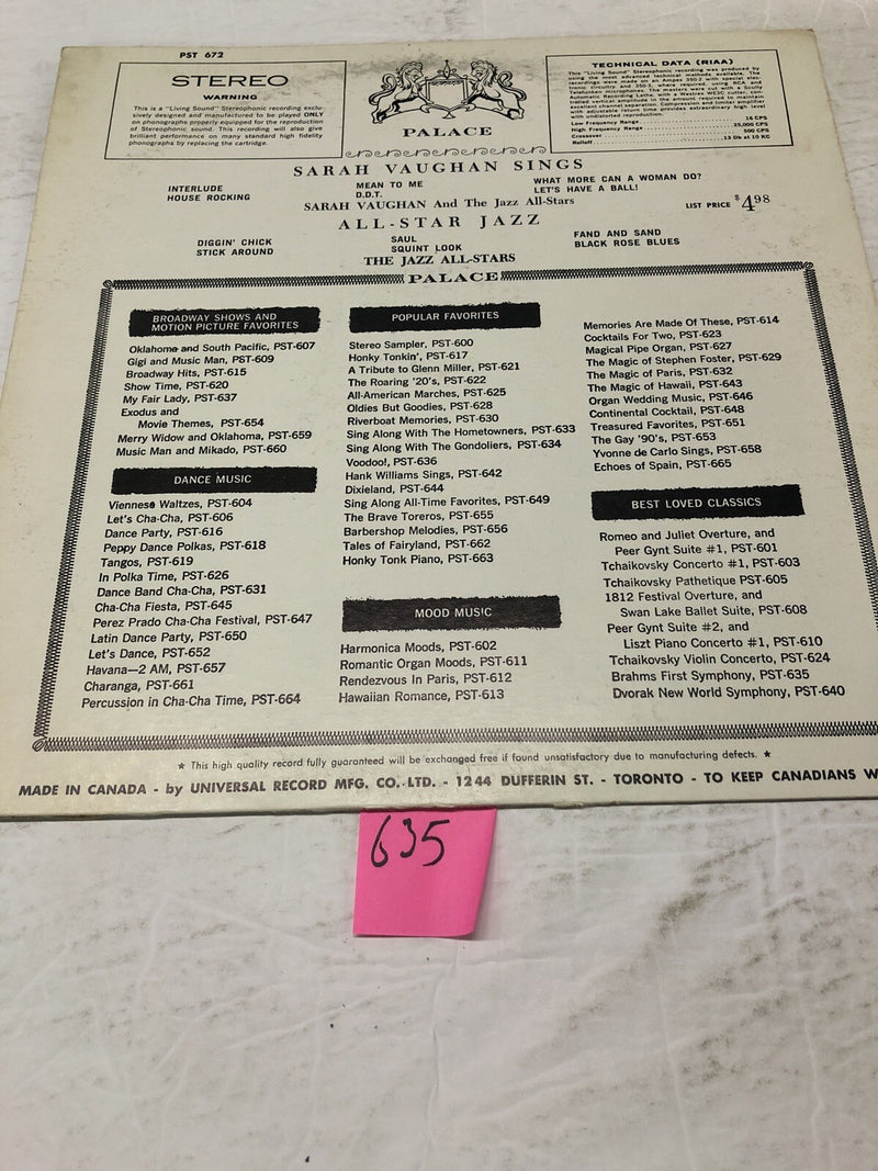 Sarah Vaughn Sings And Other Jazz Stars Vinyl LP Album