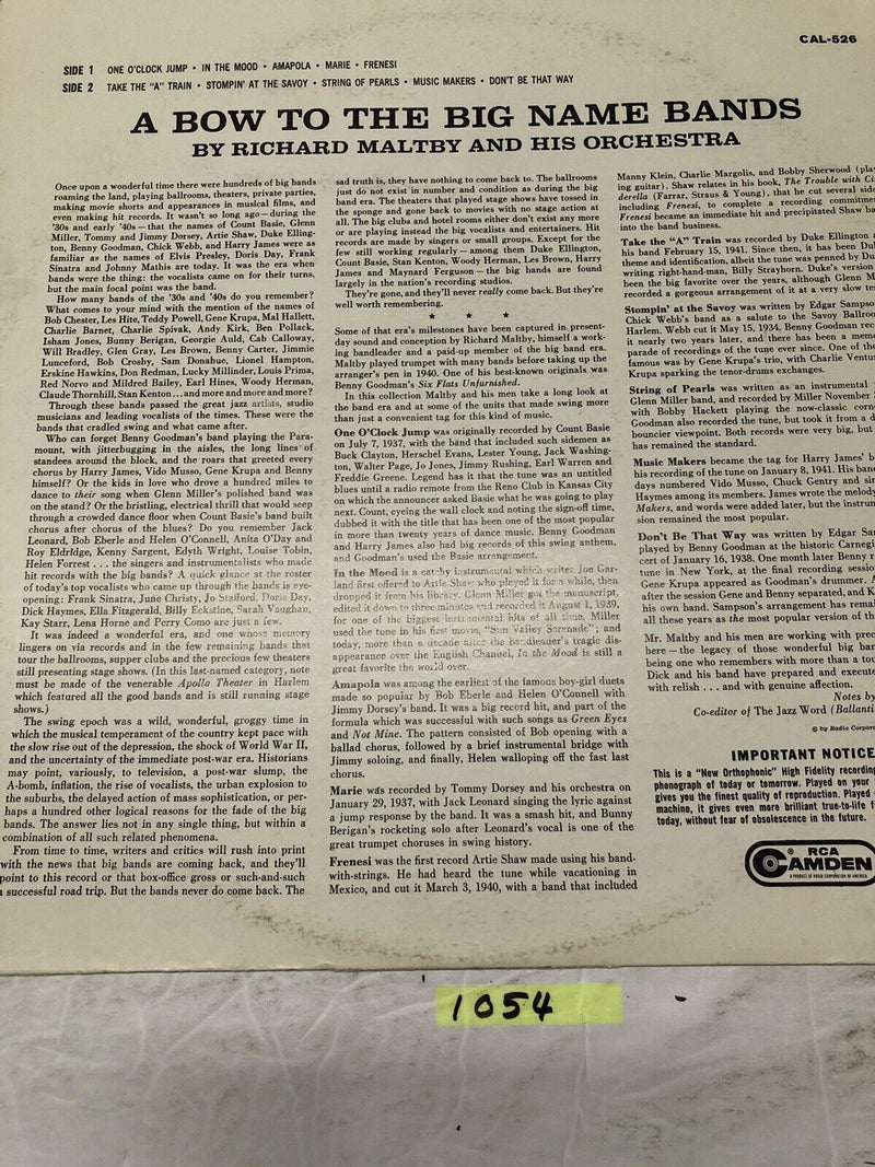 Richard Maltby And His Orchestra. A Bow To Big Name Bands Vinyl  LP Album