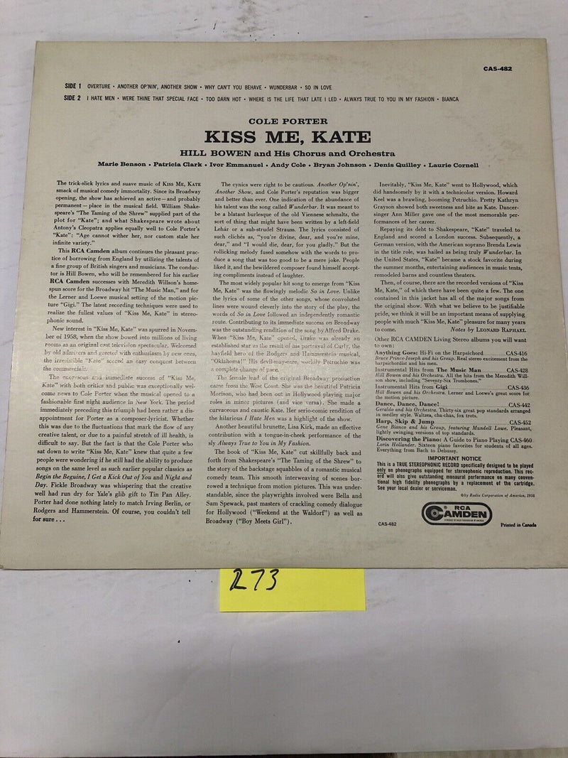 Kiss Me Kate Hill Bowen And His Orchestra Vinyl  LP Album