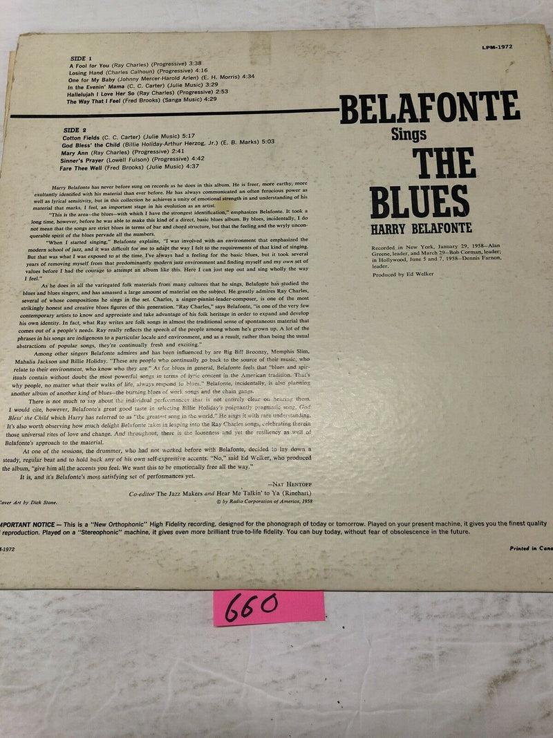 Belafonte Sings The Blues Vinyl  LP Album