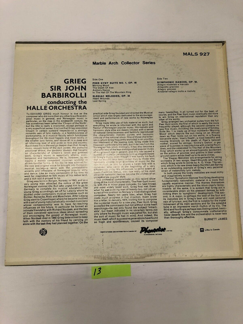 Grieg Sir John Barbirolli Halle Orchestra Vinyl LP Album