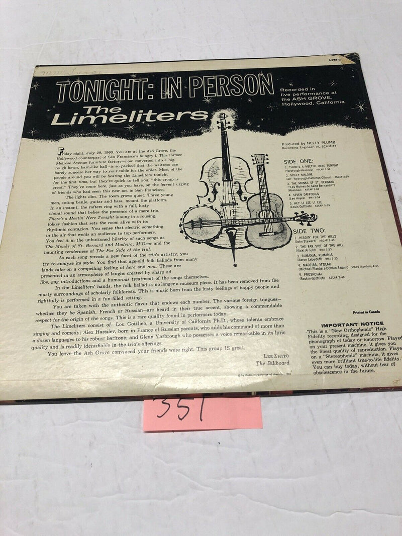 The Limeliters Tonight in Person Vinyl  LP Album
