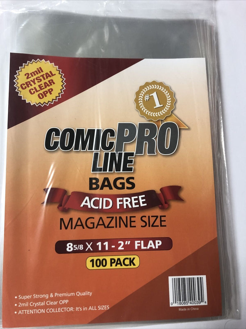 100 Comic Book Bags Magazine Size 8 5/8” X 11” 2 Flap Acid Free 2 Mil