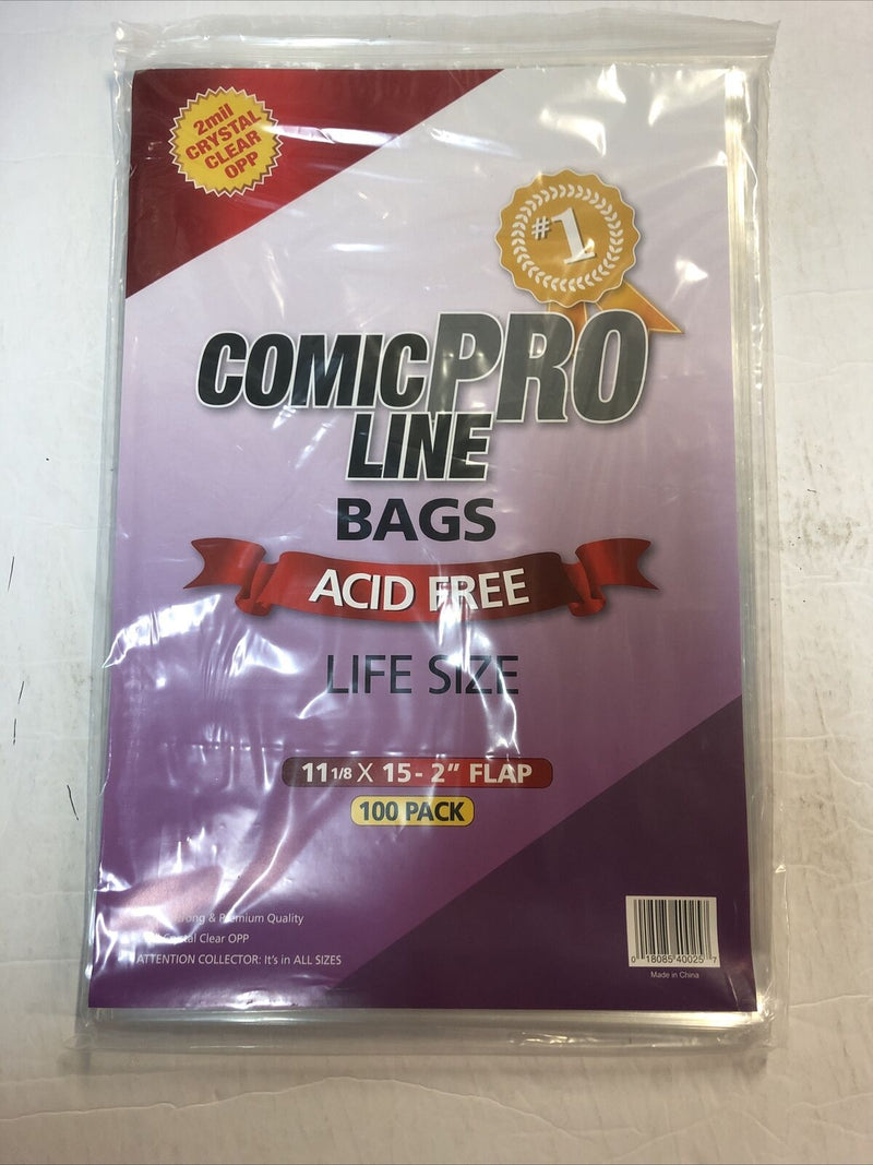 100 Comic Book Bags Life Size 11 1/8” X 15” - 2” Flap Acid Free 2 Mil