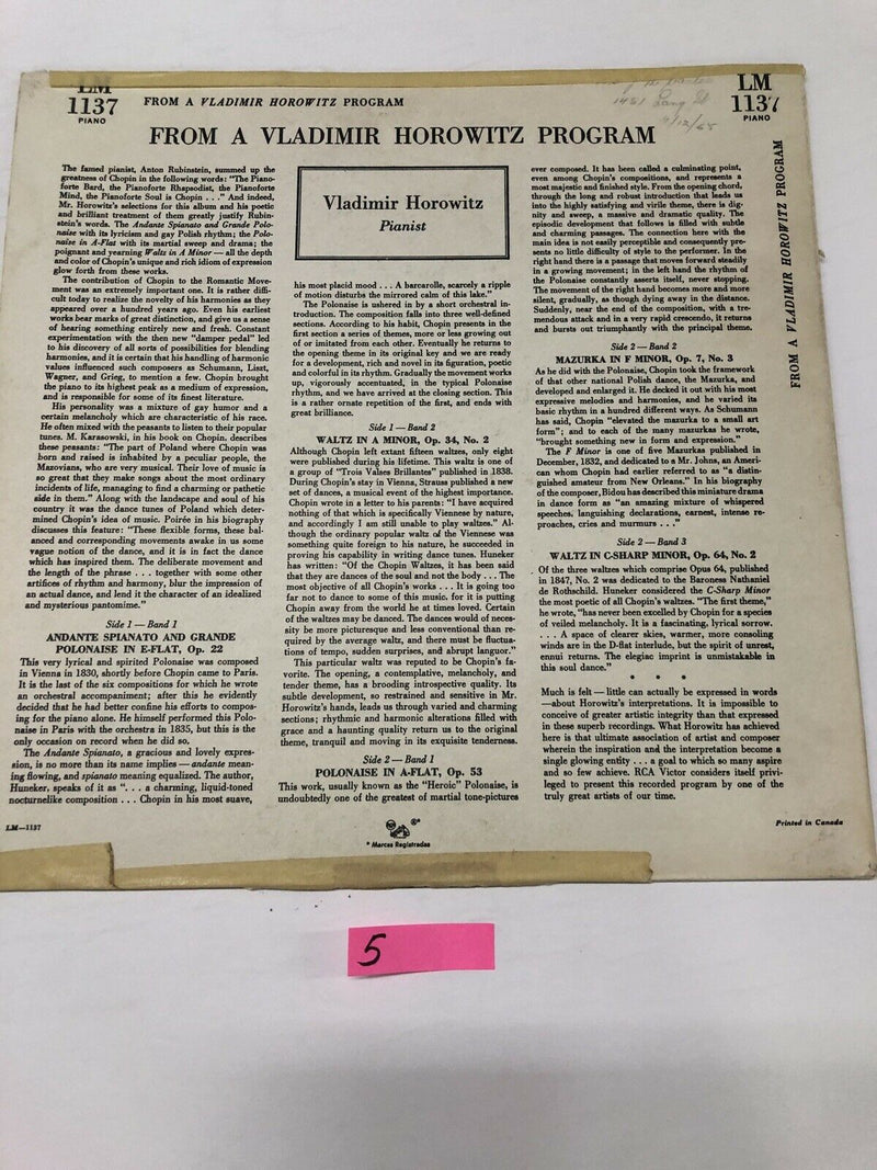 From A Program Of Chopin Music Played By Vladimir Horowitz Vinyl LP Album