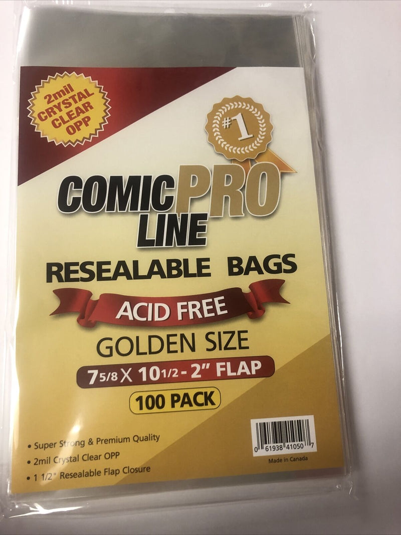 100 Comic Book Bags Golden Size 7 5/8 X 10 1/2” - 1 1/2 Resealable 2mil Clear