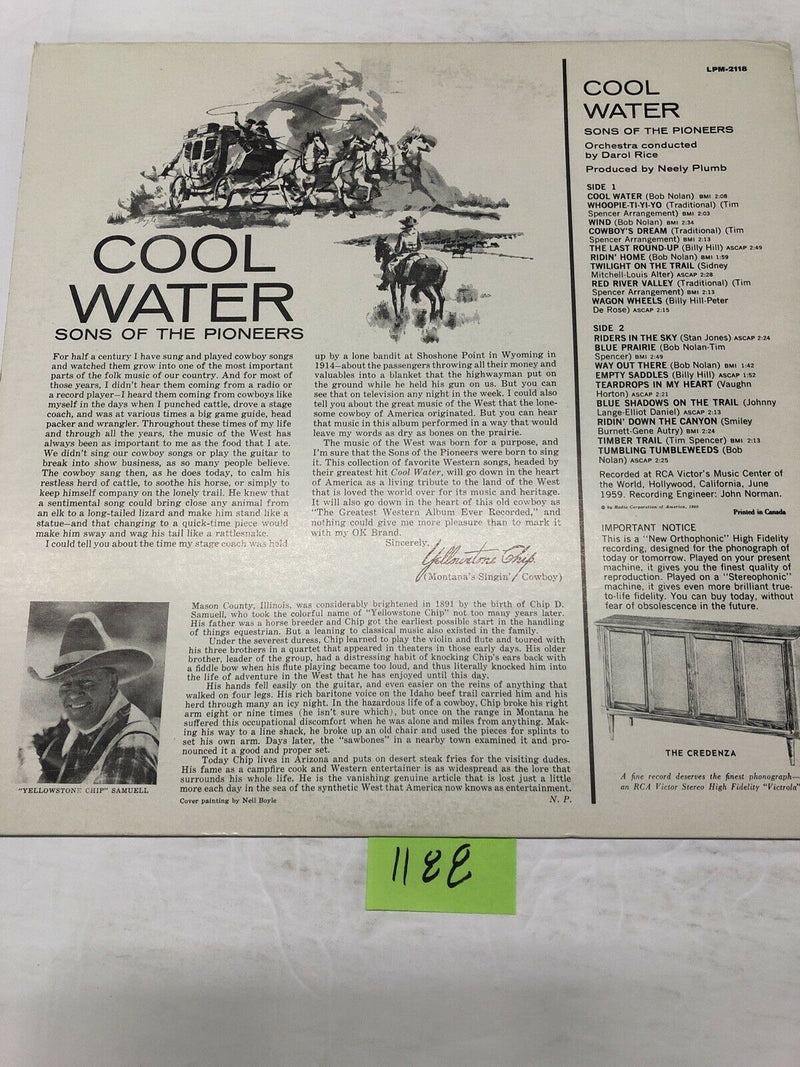 Sons Of The Pioneer Cool Water Vinyl LP Album