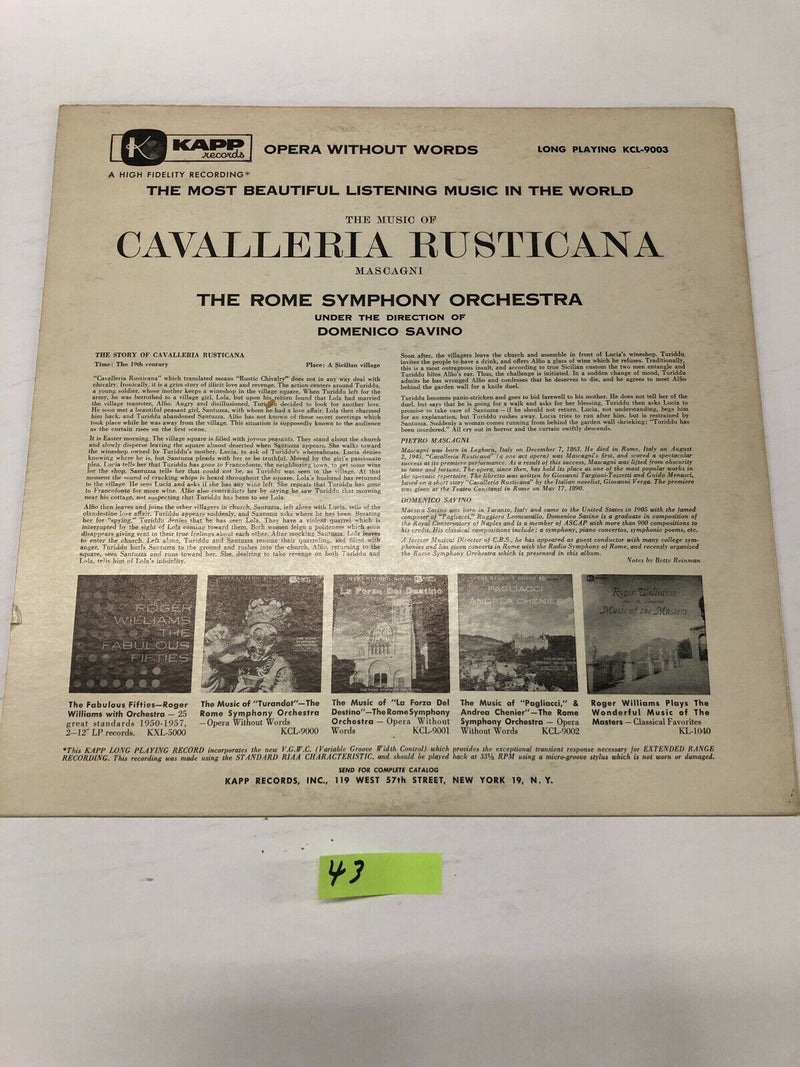 The Music Of Cavallaeria Rusticana By Rome Symphony Orchestra Vinyl LP Album