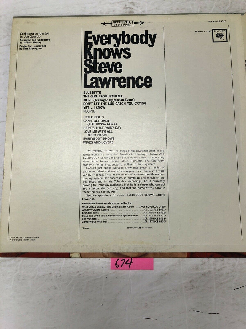 Steve Lawrence. Everybody Knows. Vinyl  LP Album