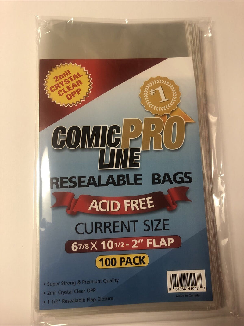 100 Comic Book Bags Current Size 6 7/8 10 1/2” - 1 1/2 Resealable 2mil Crystal