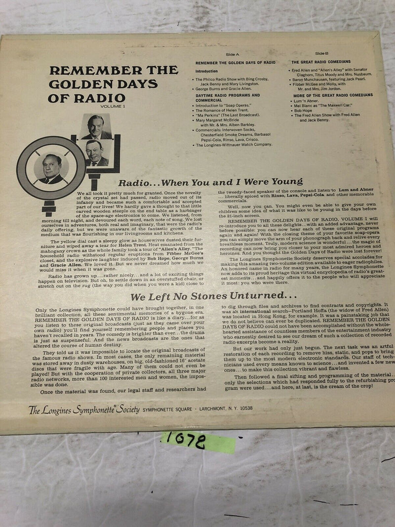 Remember The Golden Days Of Radio Volume 1 By Jack Benny Vinyl  LP Album