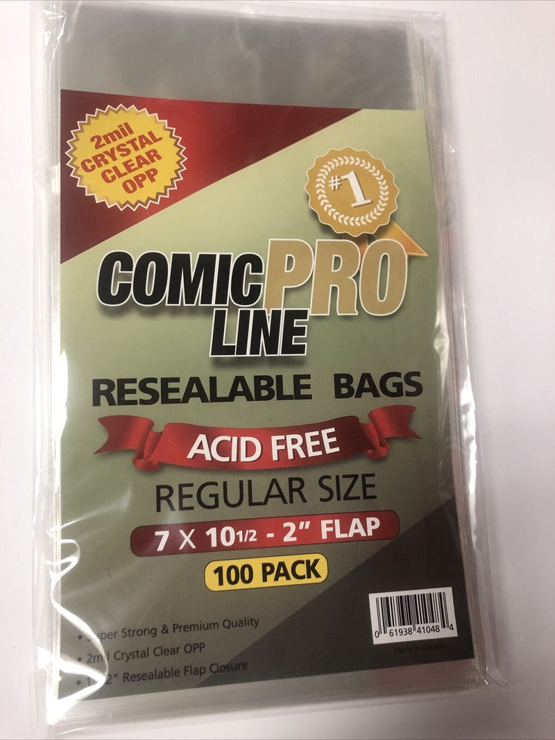100 Comic Book Bags Regular Size 7 X10 1/2” - 1 1/2 Resealable 2mil Crystal OPP
